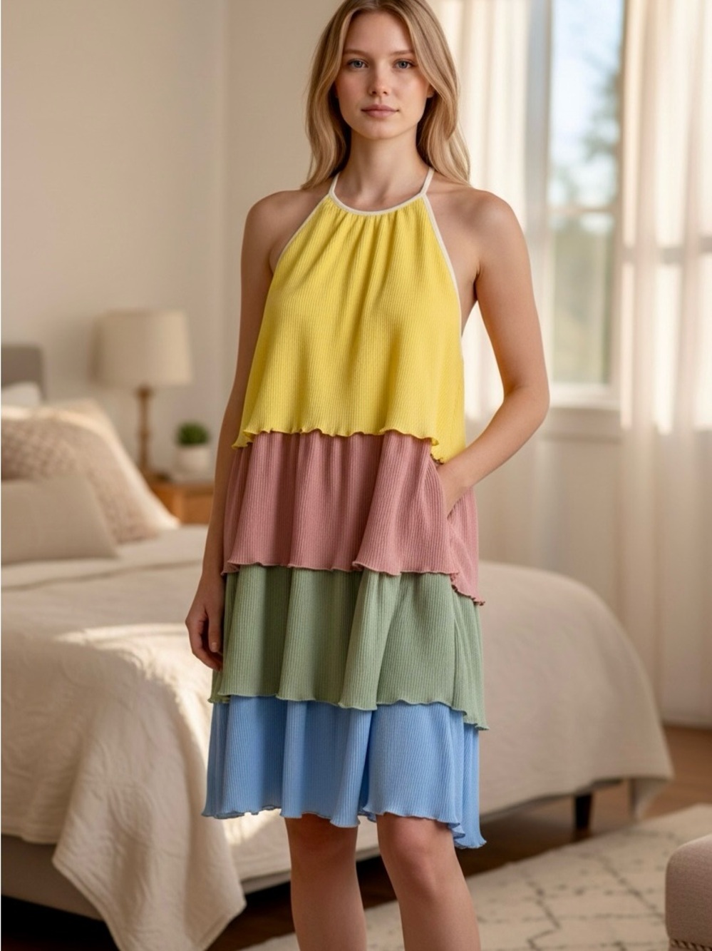 Haptics Tiered Ruffle Halter Dress in Yellow, Mauve, Sage & Sky NWOT